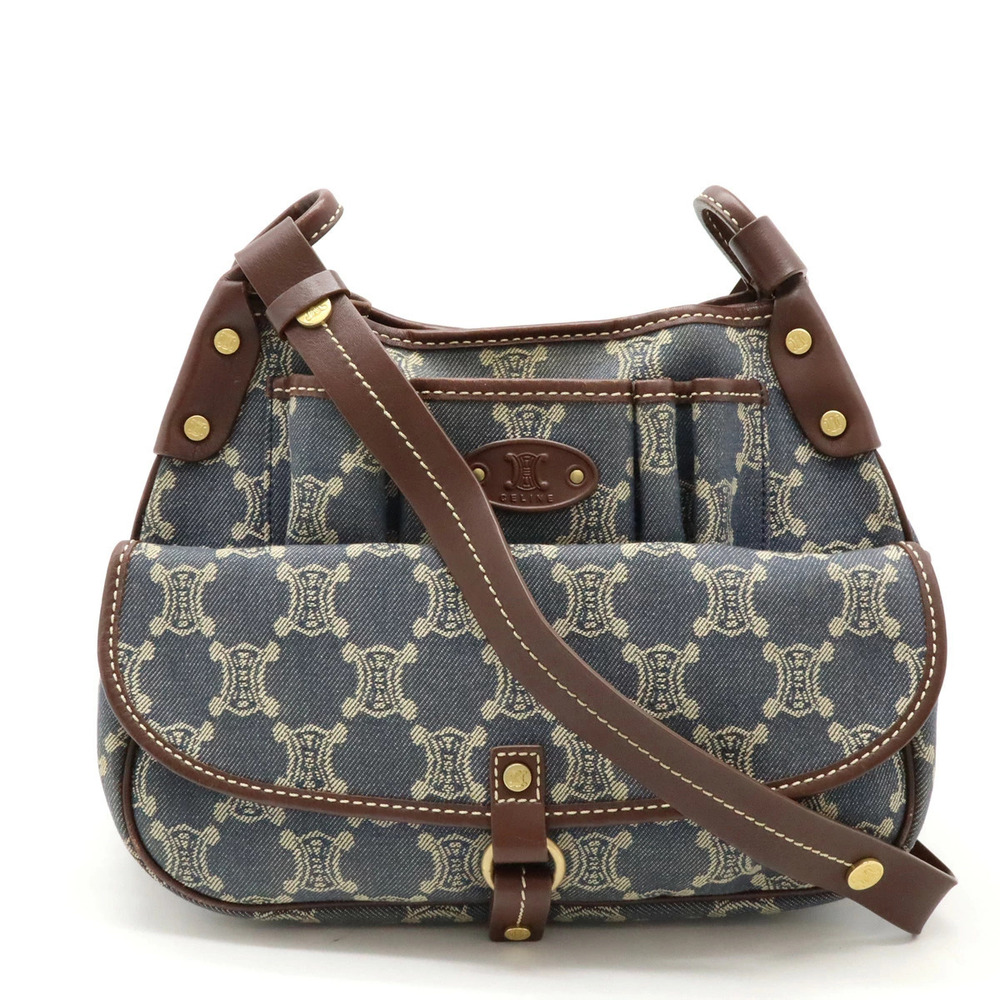 Celine Paris Macadam Shoulder Bag Hobo Studded Denim Canvas Leather Blue